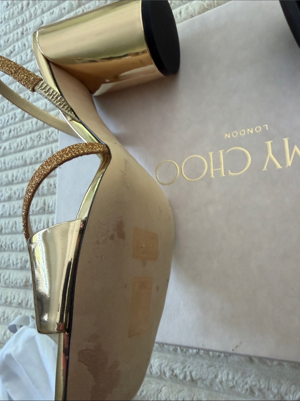Jimmy Choo Gold Mirror Metallic Heel Sandals with Glitter Strap - Picture 3 of 7